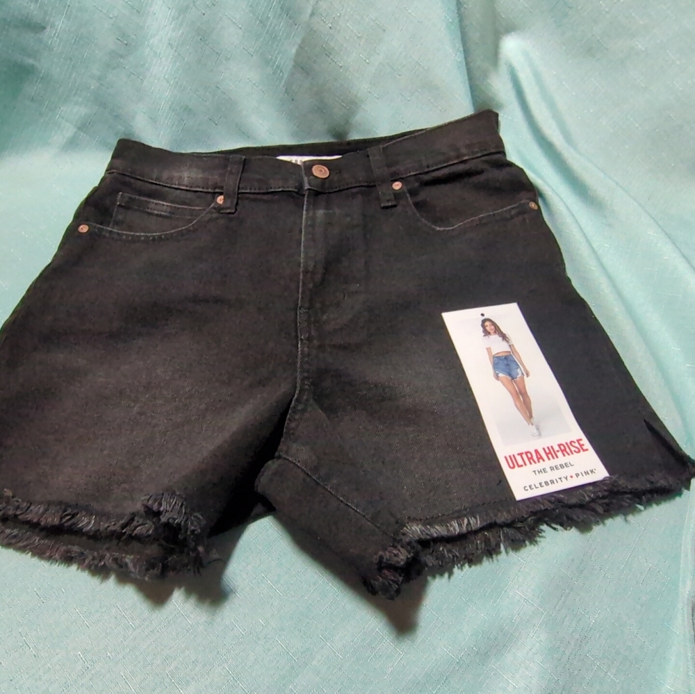 Celebrity Pink Shorts Juniors 7/28 Denim Black Ultra Hi-Rise The Rebel NEW